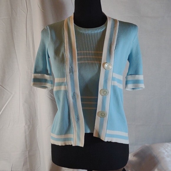 Vintage 70’s Light Blue w/White Stripes Short Sleeve Cardigan w/ Faux Tank – M