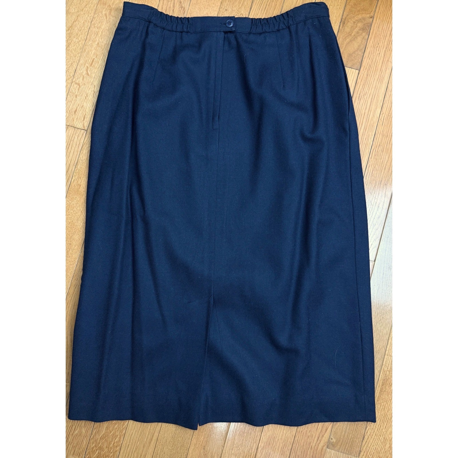 Bretton Place Navy Blue Worsted Wool Midi Pencil Skirt Vintage USA Made Size 14