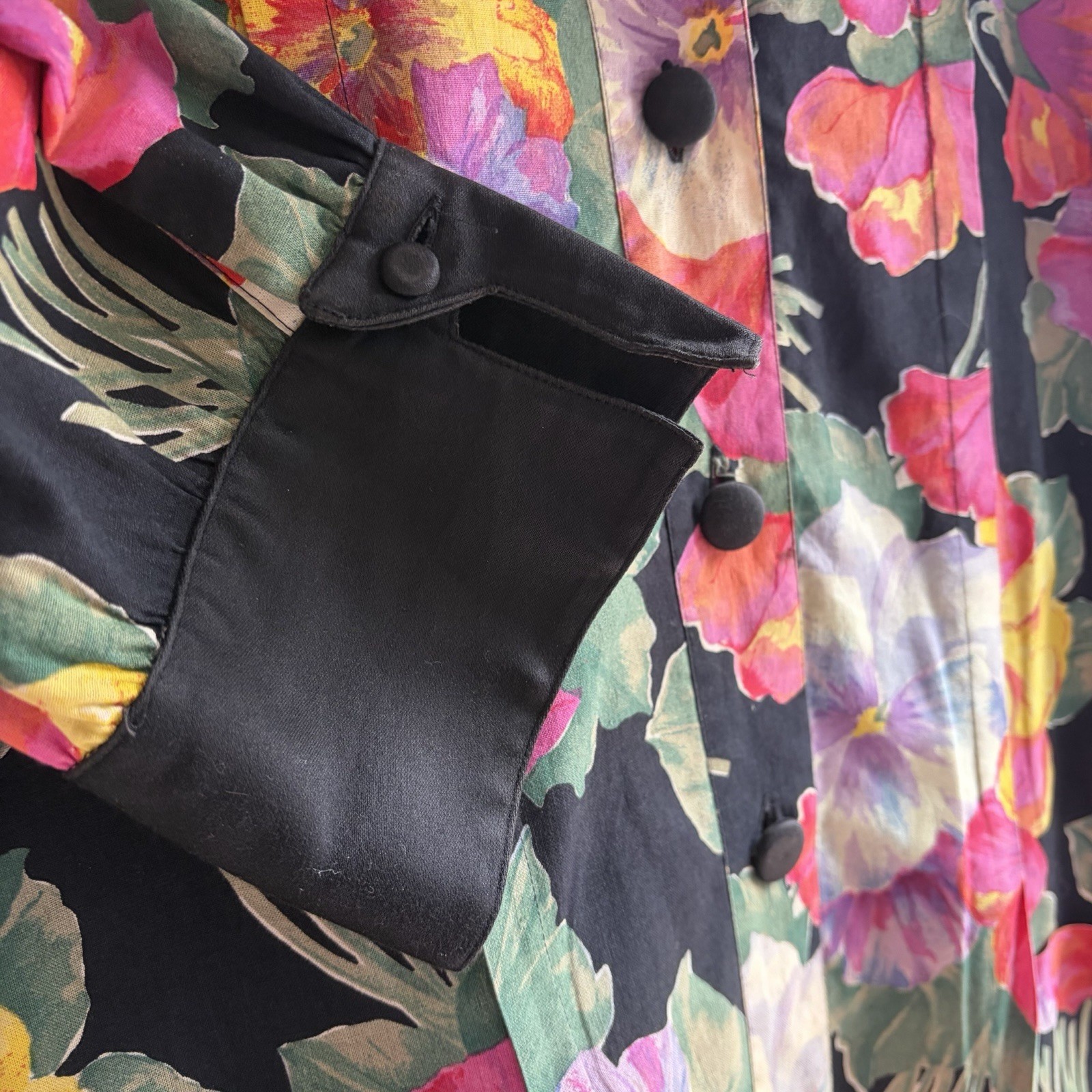 Angela Caputi Vintage Floral Shirt Dress Black Cotton Made in Italy L