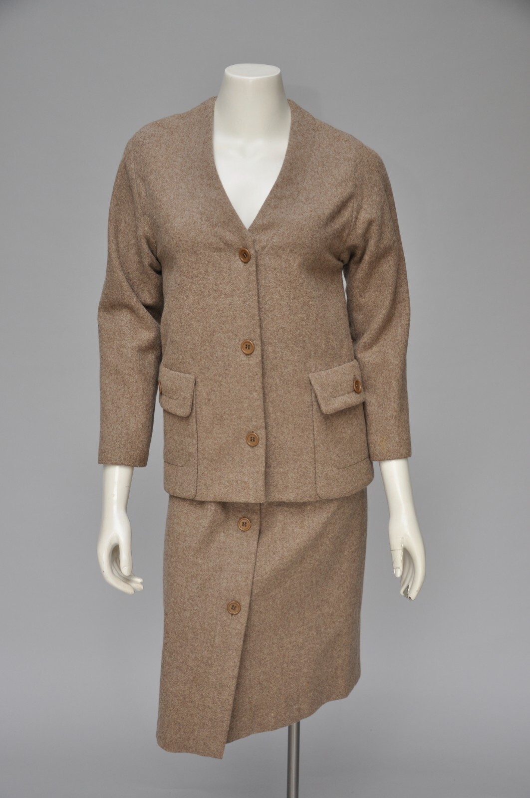 Vintage 1960s GALANOS Camel Wool Skirt Set Blazer Buttons Pockets XS