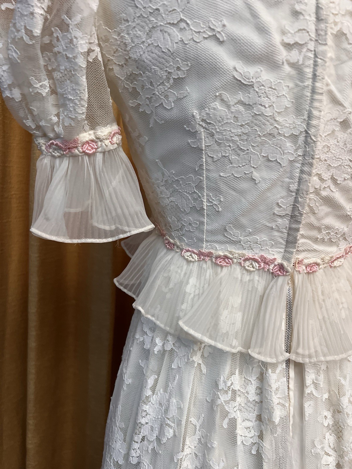 Vintage 1960s Empire Waist Lace Wedding Dress With Rose Appliqué And Ruffles