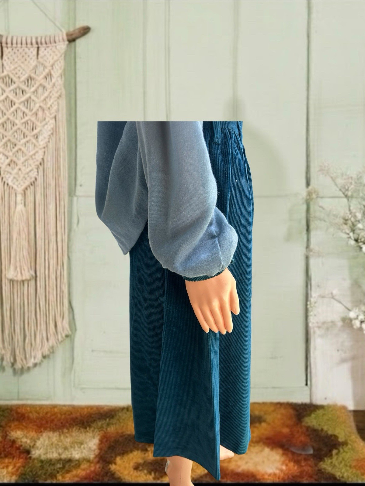 Vintage 1970s 2 Piece Corduroy Skirt And Top Set Turquoise Woven Cotton 26”w