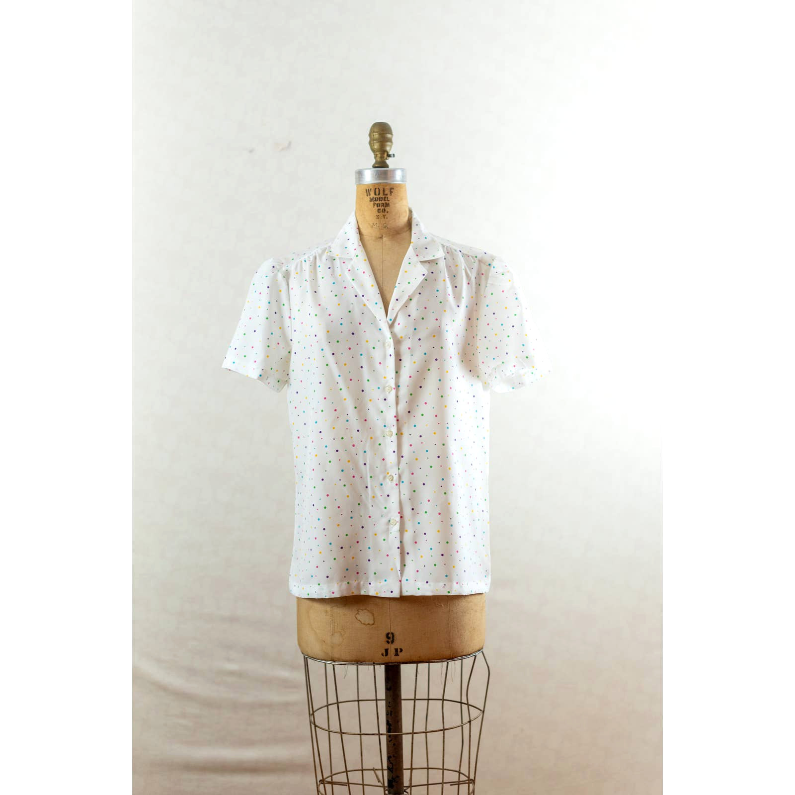 Vintage 80s Colorful Confetti Dot Blouse, Silky Polyester, Button Front, Med Lg
