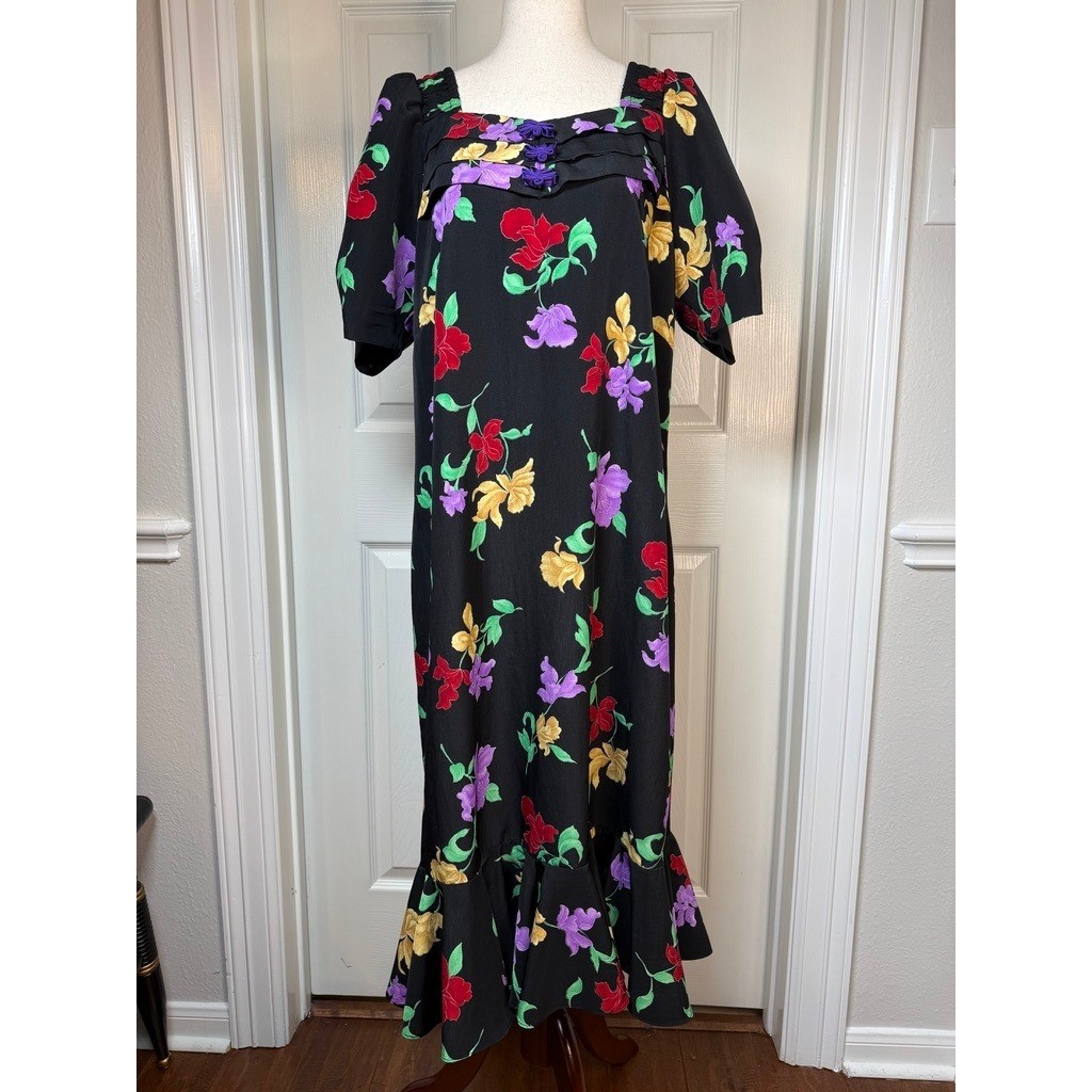 Handmade Vintage Black Floral Asian Style Ruffle Midi Dress Large 70s 80s Retro