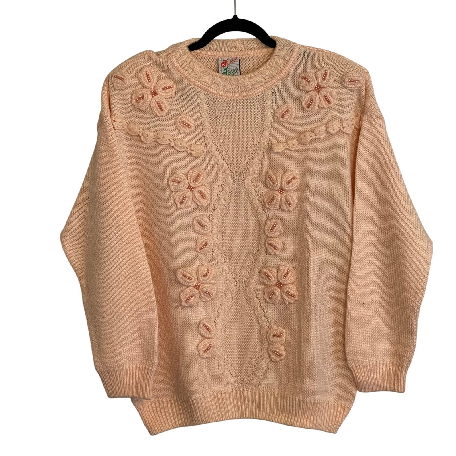 Fashion Ferza Vintage Peach Floral Beaded 3D Applique Knit Sweater Grannycore