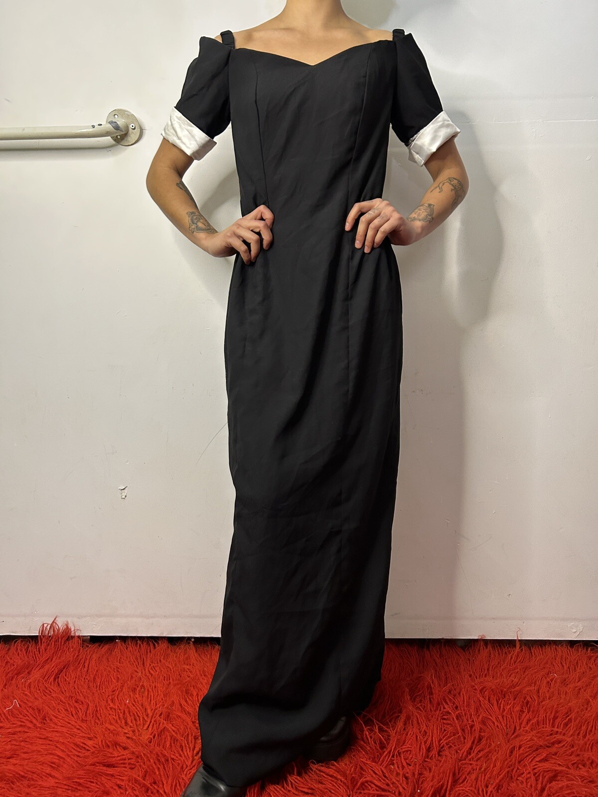 Vintage Handmade Black Dress Maxi Off-the-shoulder Princess Neck Boned AU 8