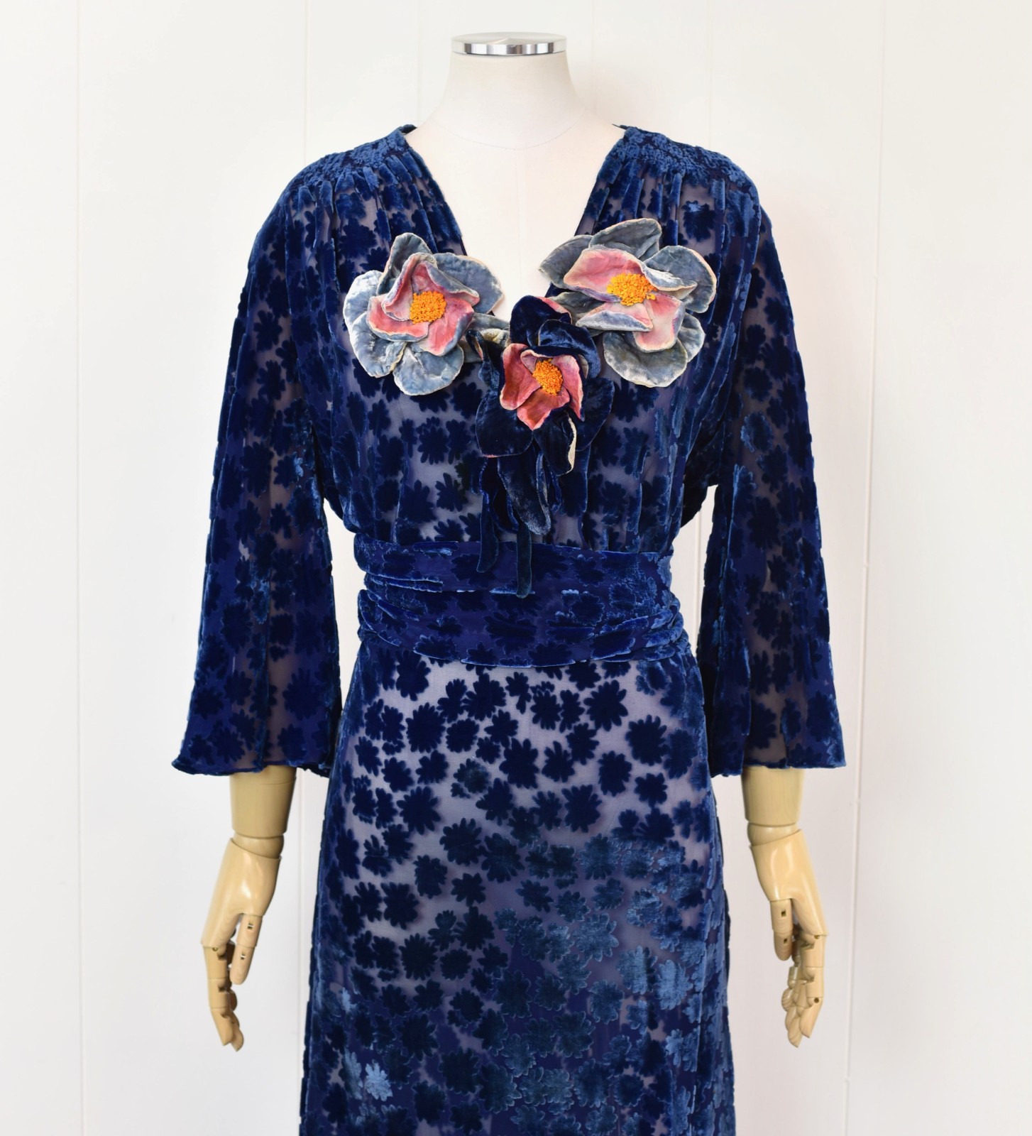 Antique 1930s Blue Devore Burnout Velvet Floral Art Deco Sheer Dress Larger Size