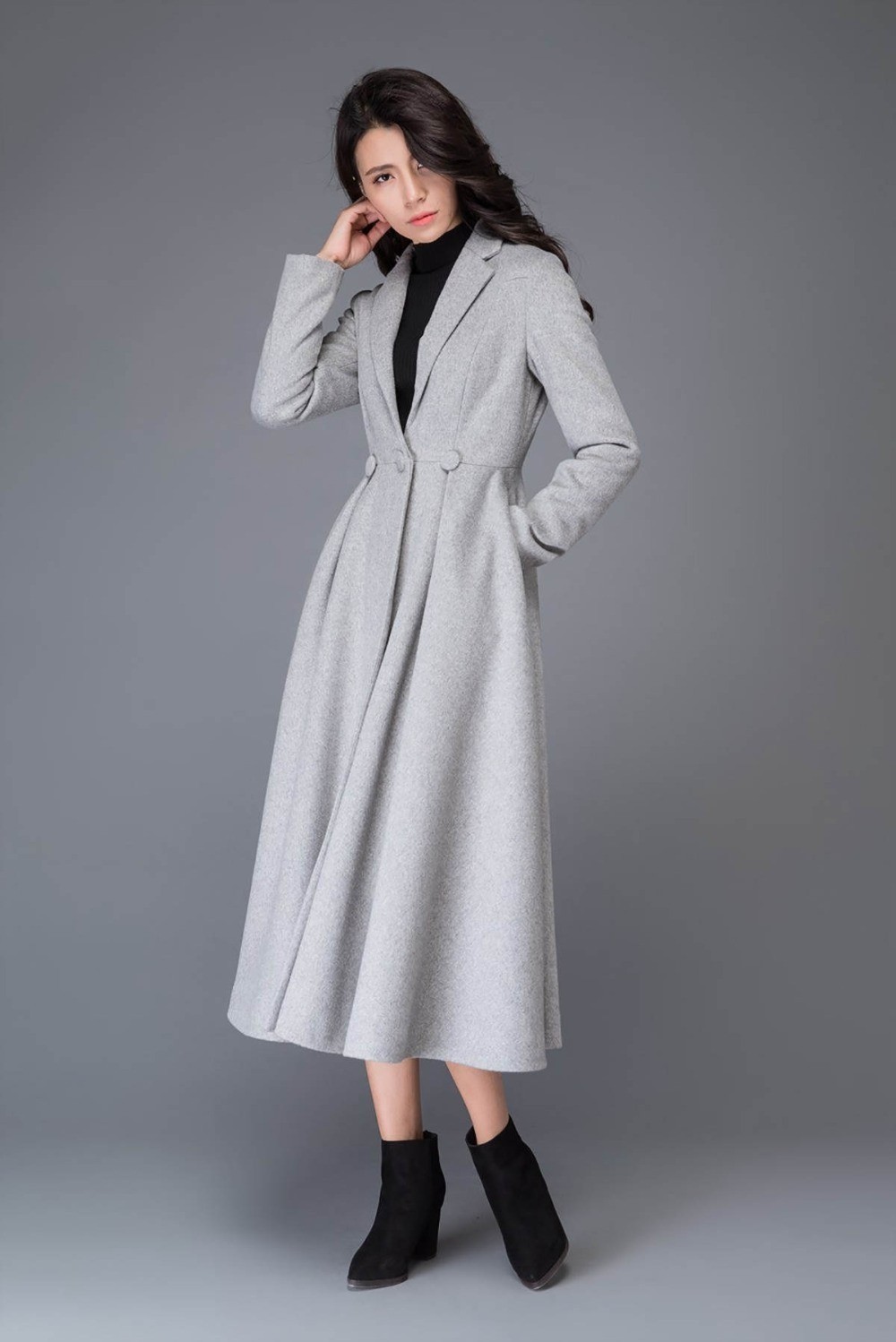 Ladies Grey Coat Jacket Reverse Collar Wide Hem Tweed Long Winter Business