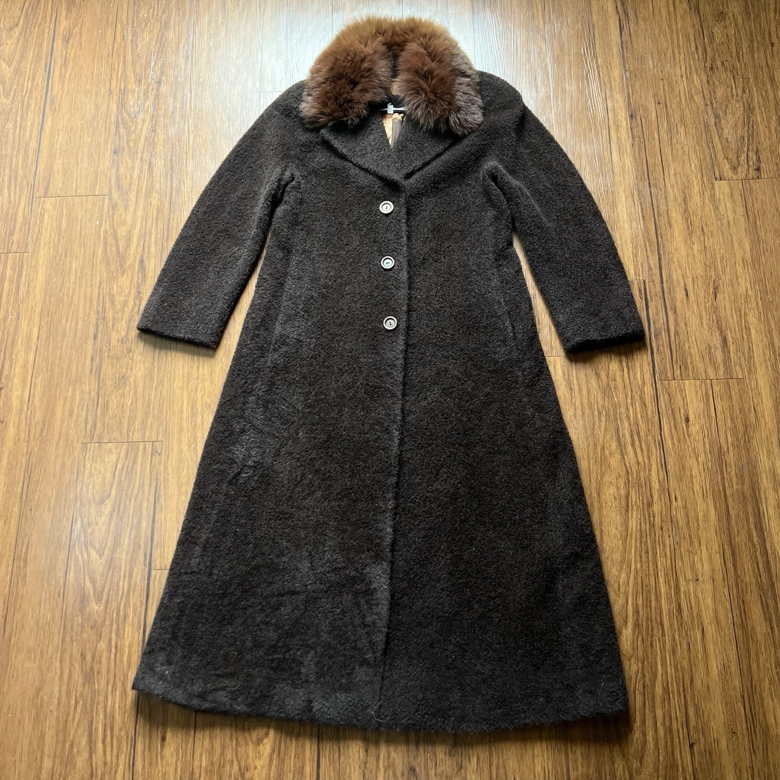 Vintage Y2K 90s Trench Coat 42 Brown Fur Collar Alpaca Wool Silk Made in Italy