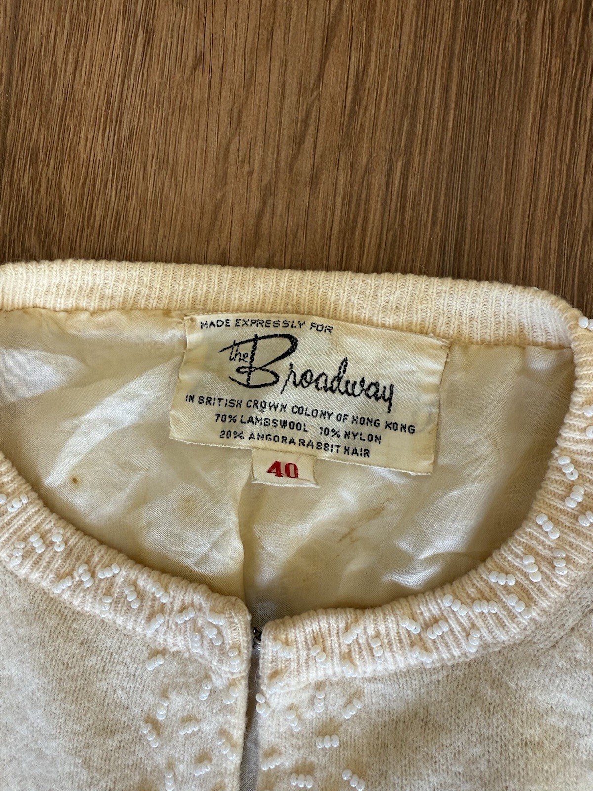 Vintage 60s Woman’s Cream Broadway Beaded Flower Lambswool Cardigan – Small