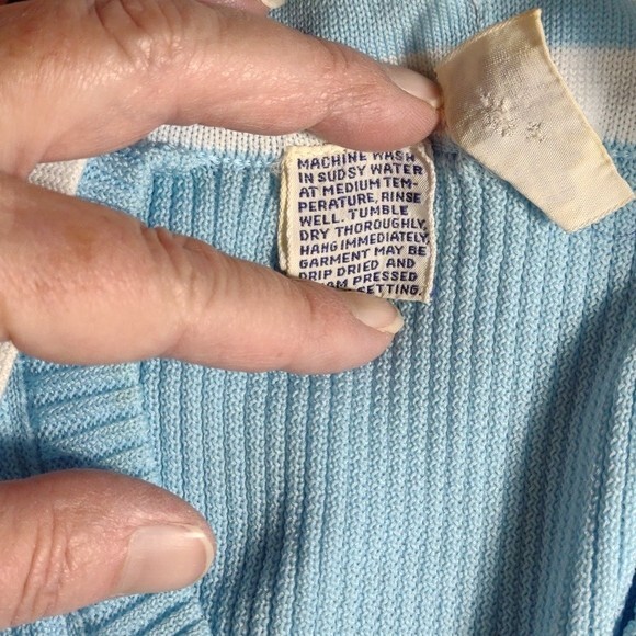 Vintage 70’s Light Blue w/White Stripes Short Sleeve Cardigan w/ Faux Tank – M