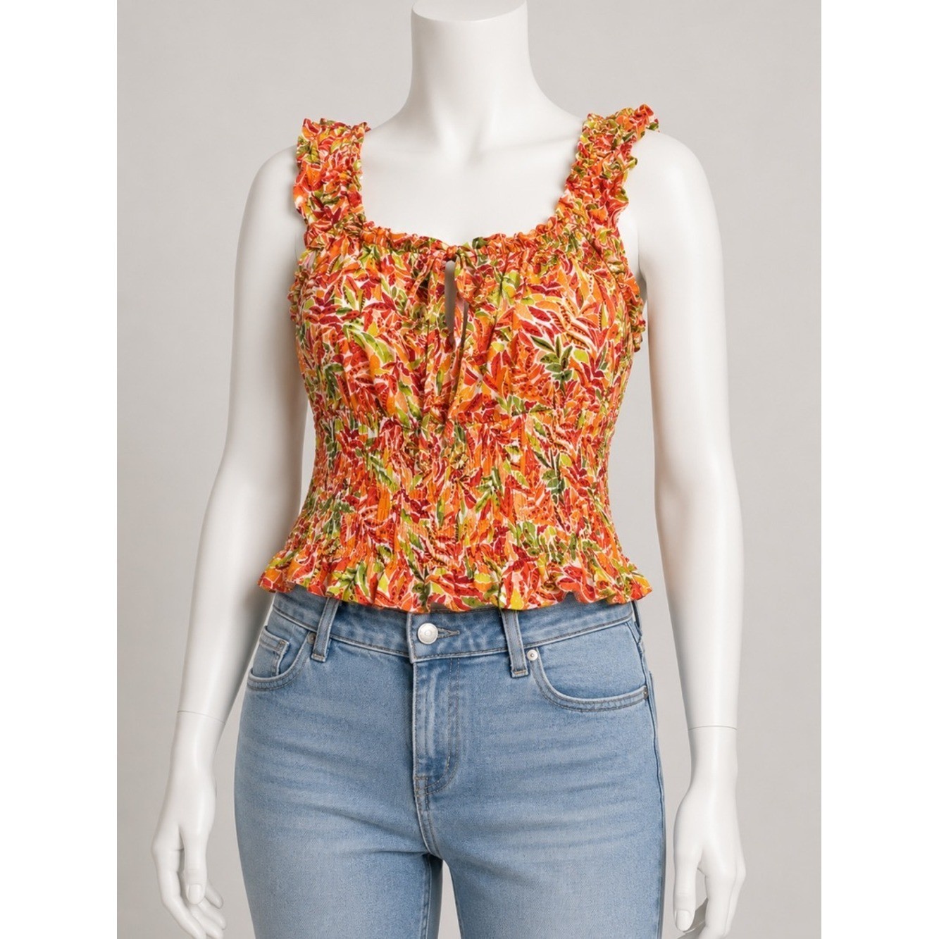 BCX Orange Floral Ruffled Smocked Camisole with Green Accents Size L