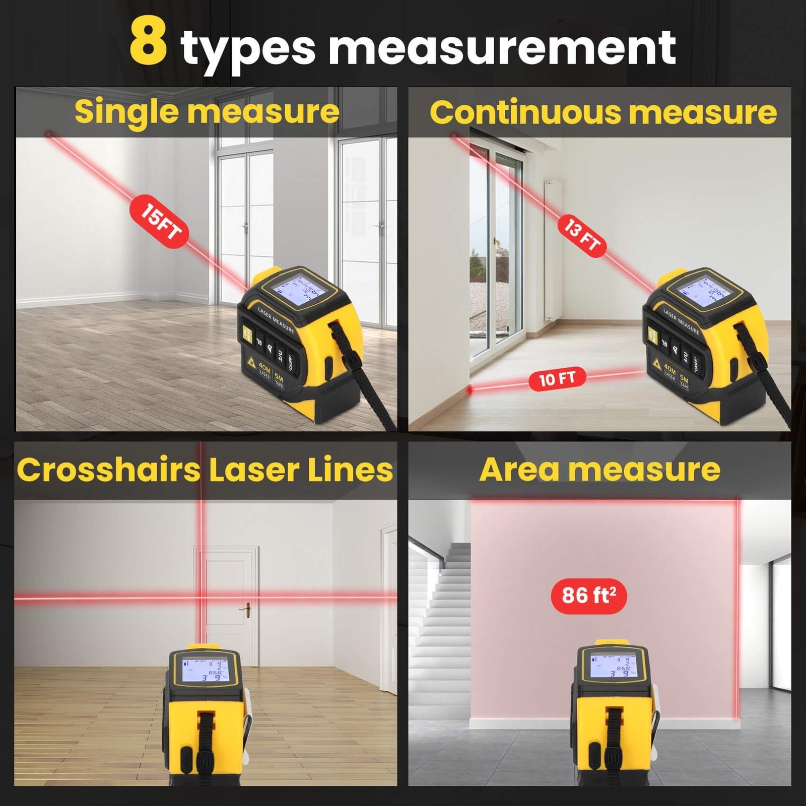 Edovaf 4-in-1 Laser Tape Measure 16FT AutoLock 130FT Laser Level Crosshairs LCD