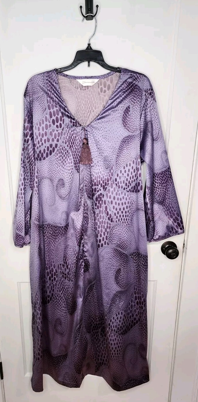 Vtg 80s Womens Diamond Tea Robe Kaftan House Coat Dress Medium Purple Dot Swirl