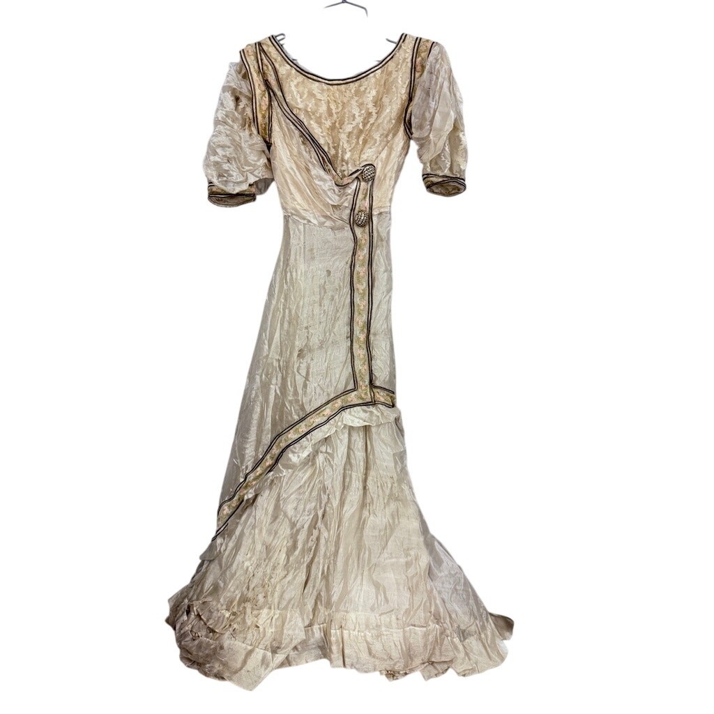 VTG Edwardian Ivory Silk Wedding Gown TLC Shattering Silk Embroidered Trim