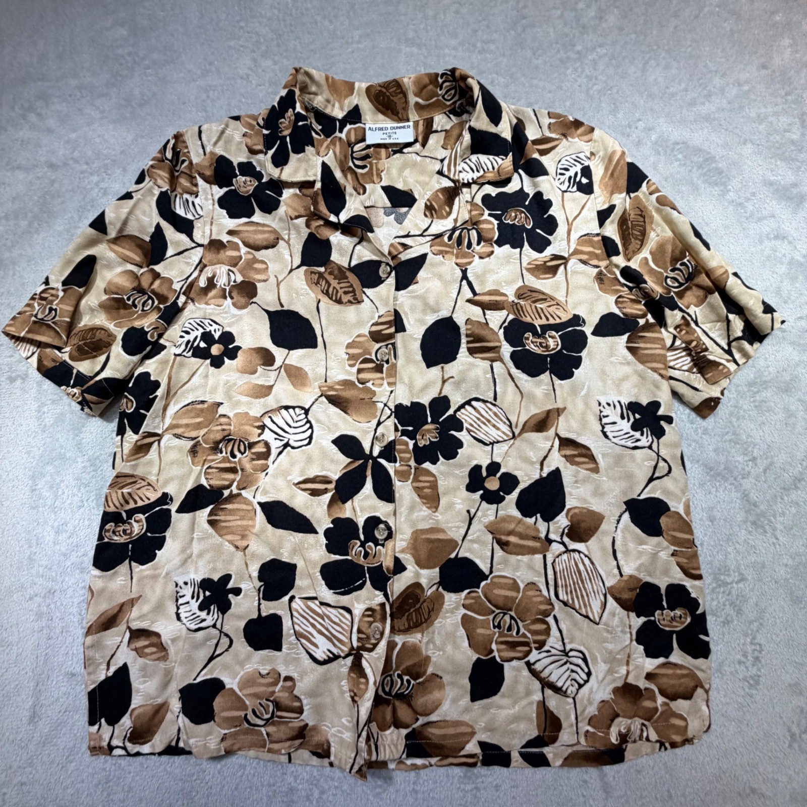 Vintage Alfred Dunner Floral Button Down Shirt Size 16P Brown Tan Black 90s USA