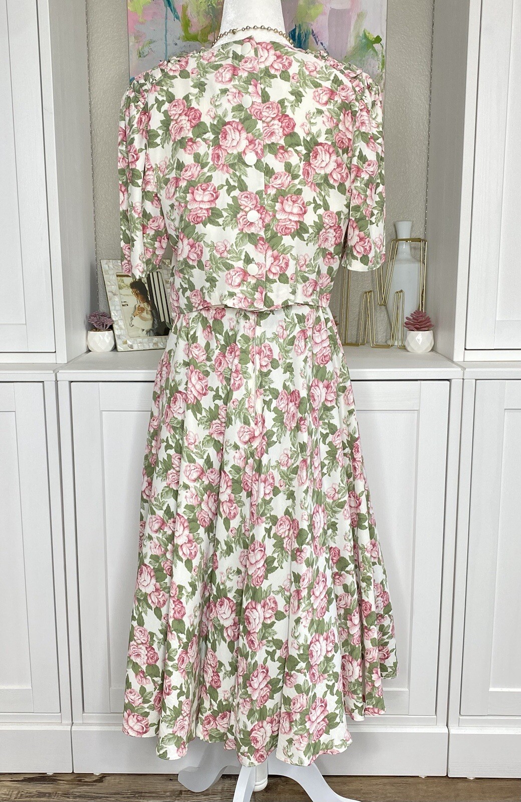 1980s ED Michaels Belted Illusion Dress Florals Rayon Modest Size 9/10 Petite