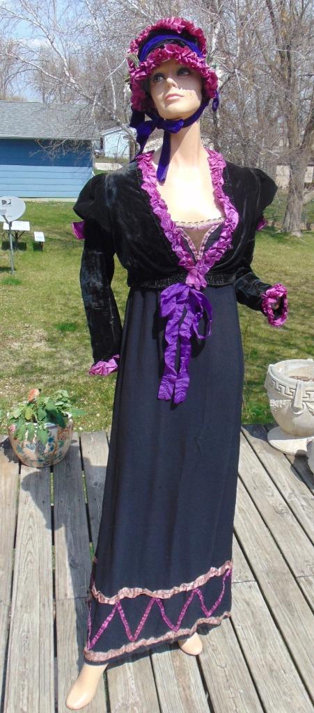 VTG Regency Era Dress Juliet Sleeve Jacket & Velvet bonnet