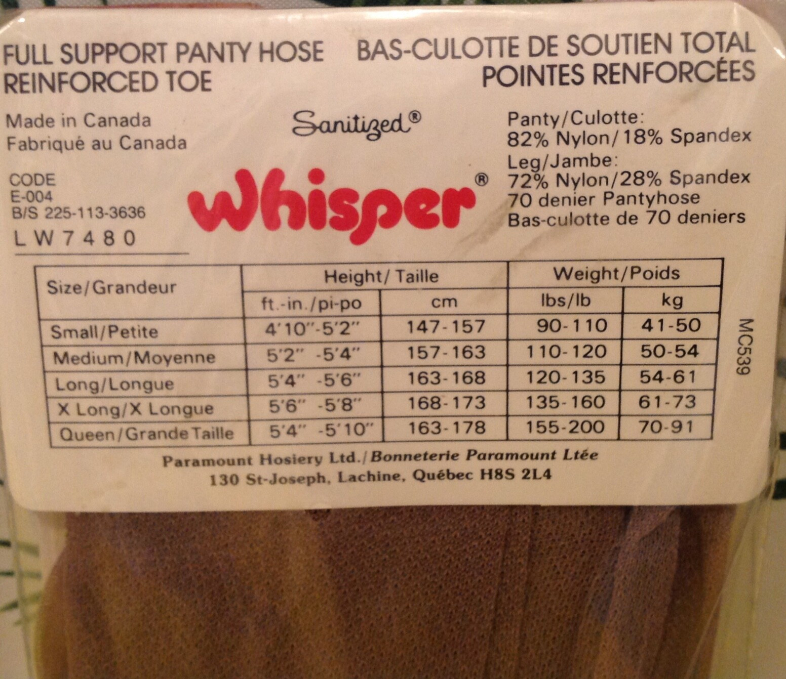 Vintage Pantyhose Whisper Full Support Color Misty Cloud Size Small BC004A