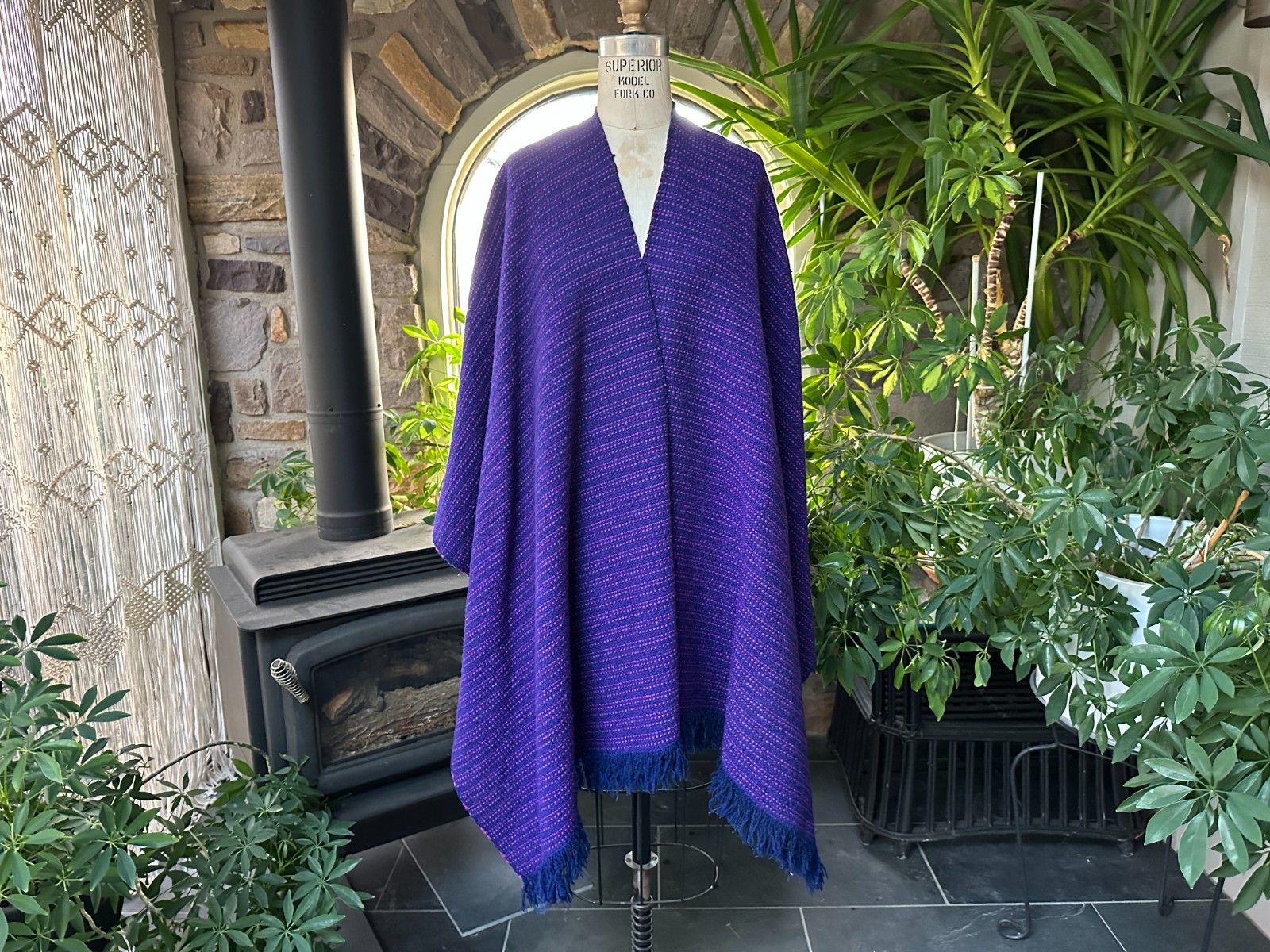 Vintage Bohemian Blue and Pink Hand Woven Stripe Wool Poncho Cape Shawl