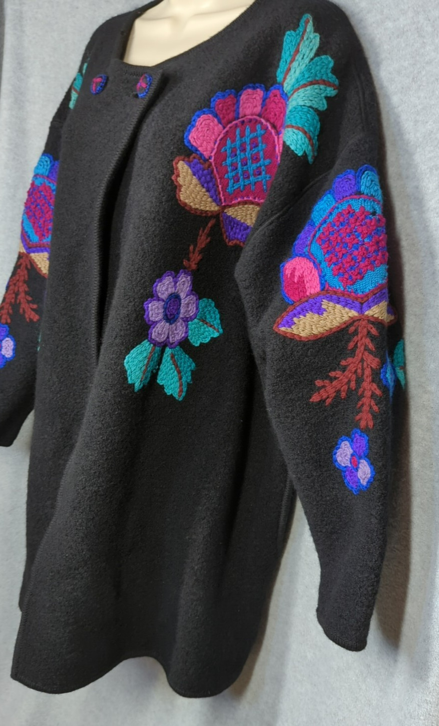 80’s Vtg Catharine Lover Wool Coat Sweater L SSG Embroidered Made in Hong Kong