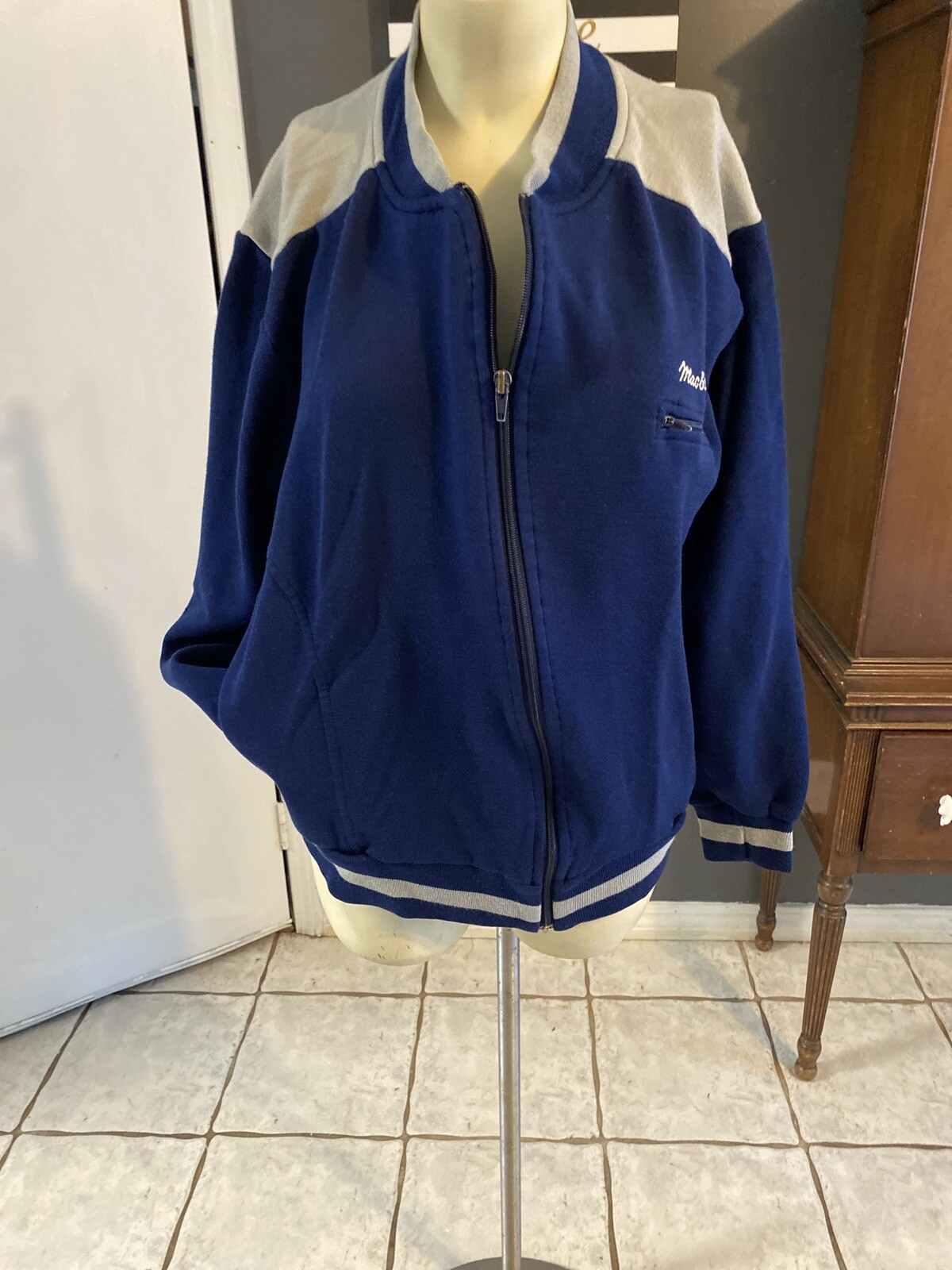 MacGregor Vtg Track Jacket Sz L Full Zip Navy Blue Gray Striped Sweater
