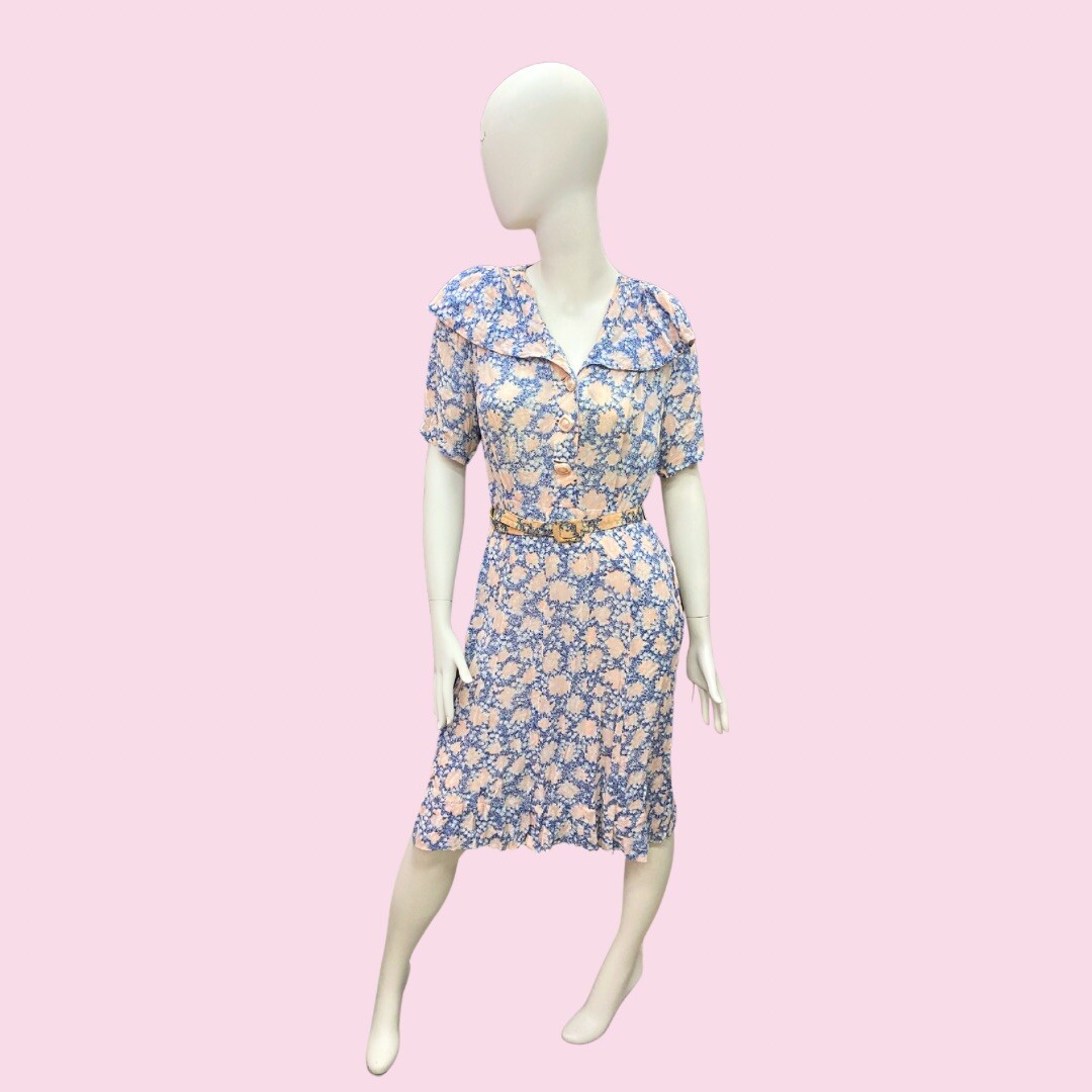 FLORAL Blue and Pink 1940’s Semi-Sheer Dress AS IS Curvy Plus Size