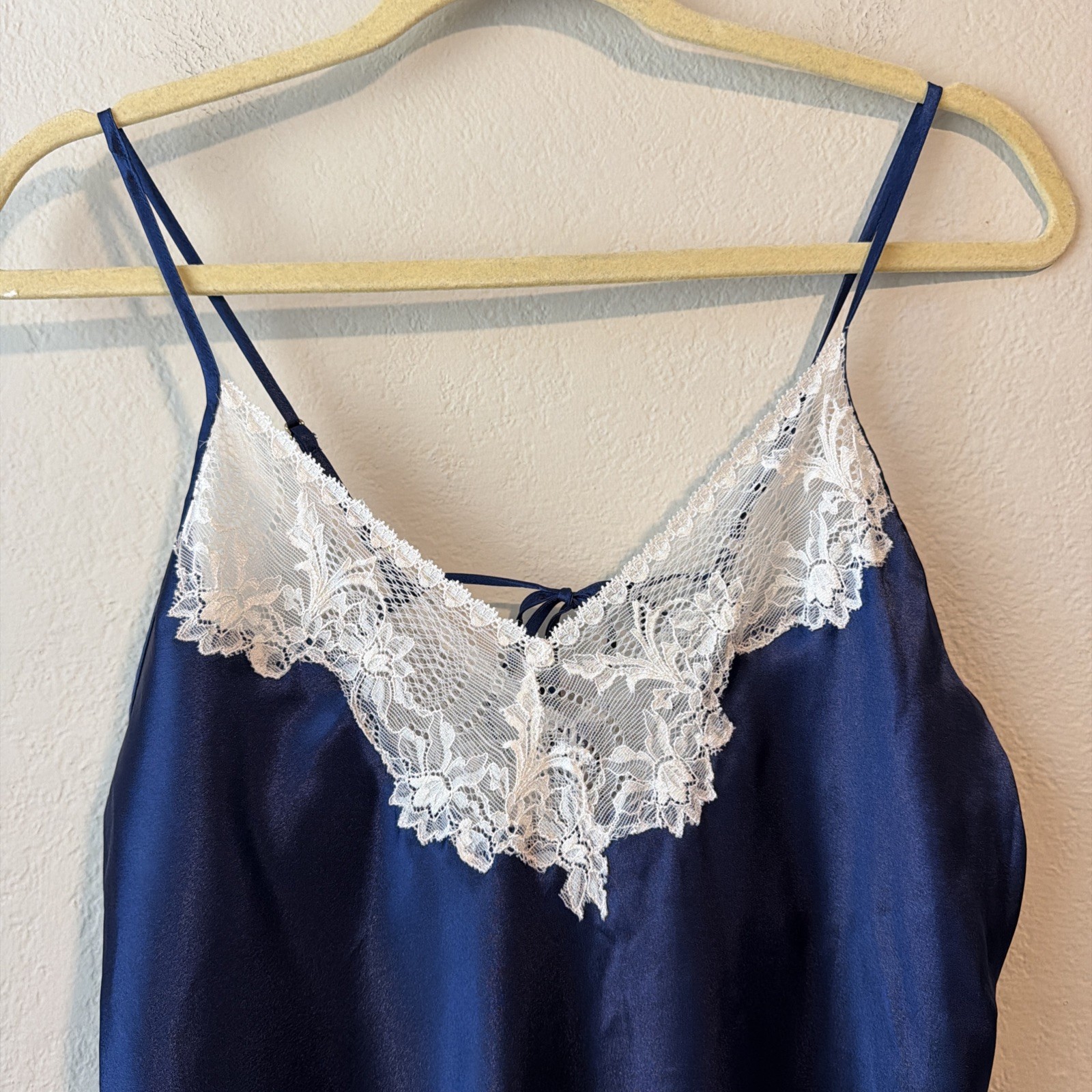 Vintage Oscar de la Renta Pink Label Navy Satin Lace Slip Dress Y2k M dainty