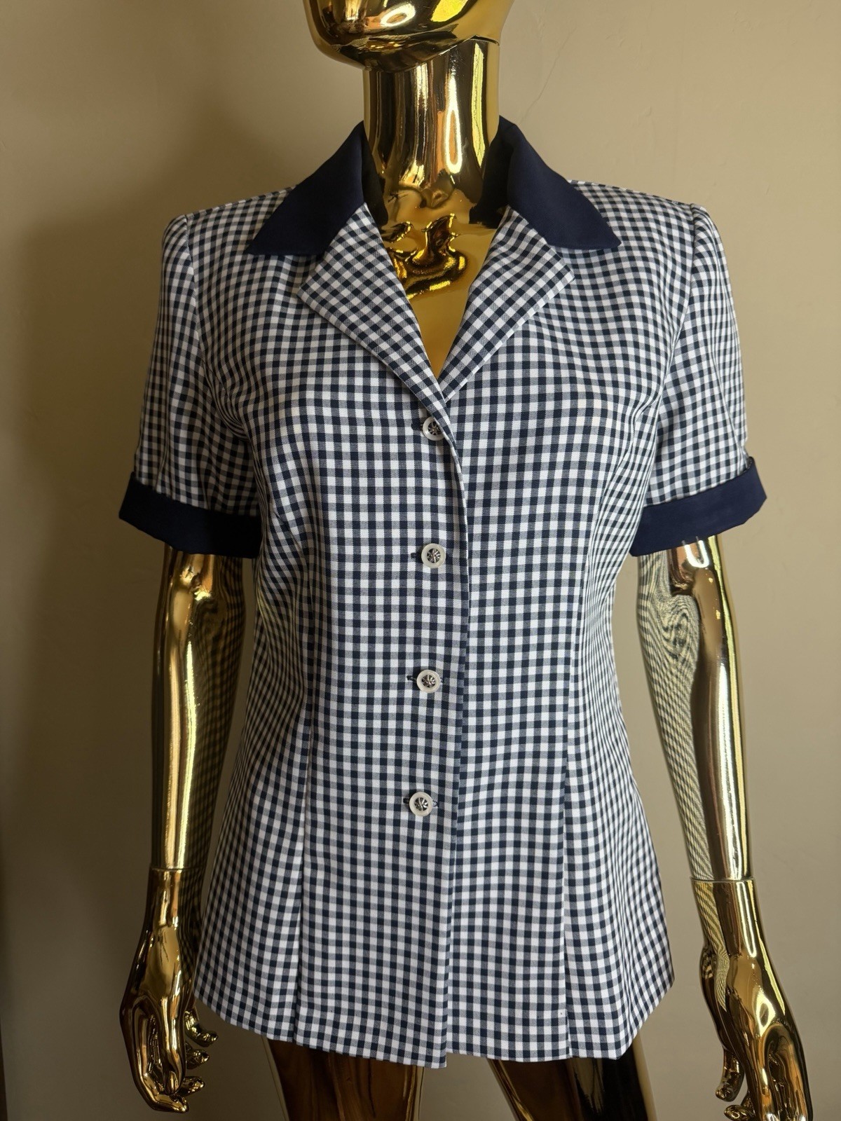 VTG Navy Blue White Checkered Shirt Medium Cuffed Sleeve Uniform Workwear Blouse