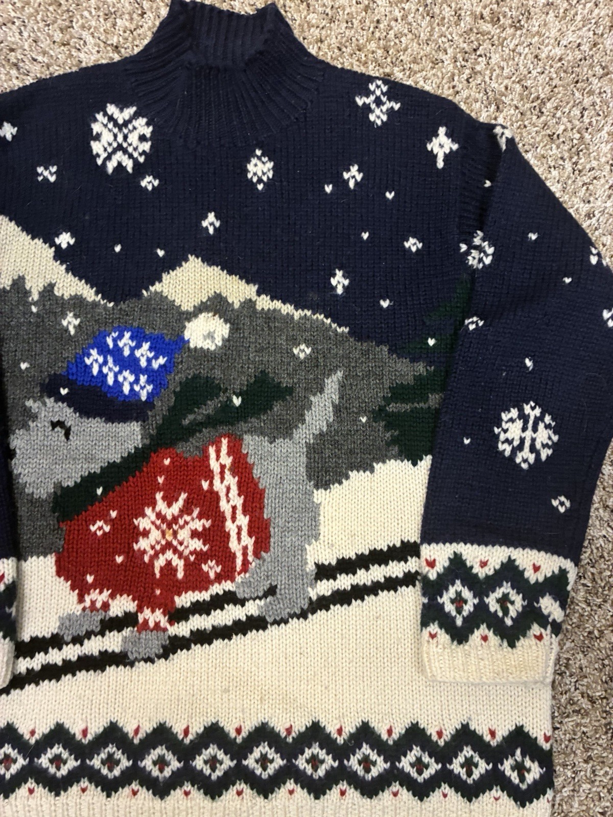 VTG Lauren Ralph Lauren Exclusive Handknit Dog Trees Ski Nordic Wool Sweater PS