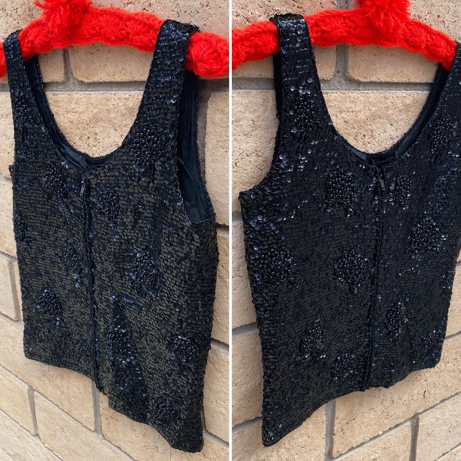 Black Sequin Beaded Wool Top Hong Kong Metal Zip Pinup Glam Tank S 50s 60s Vtg