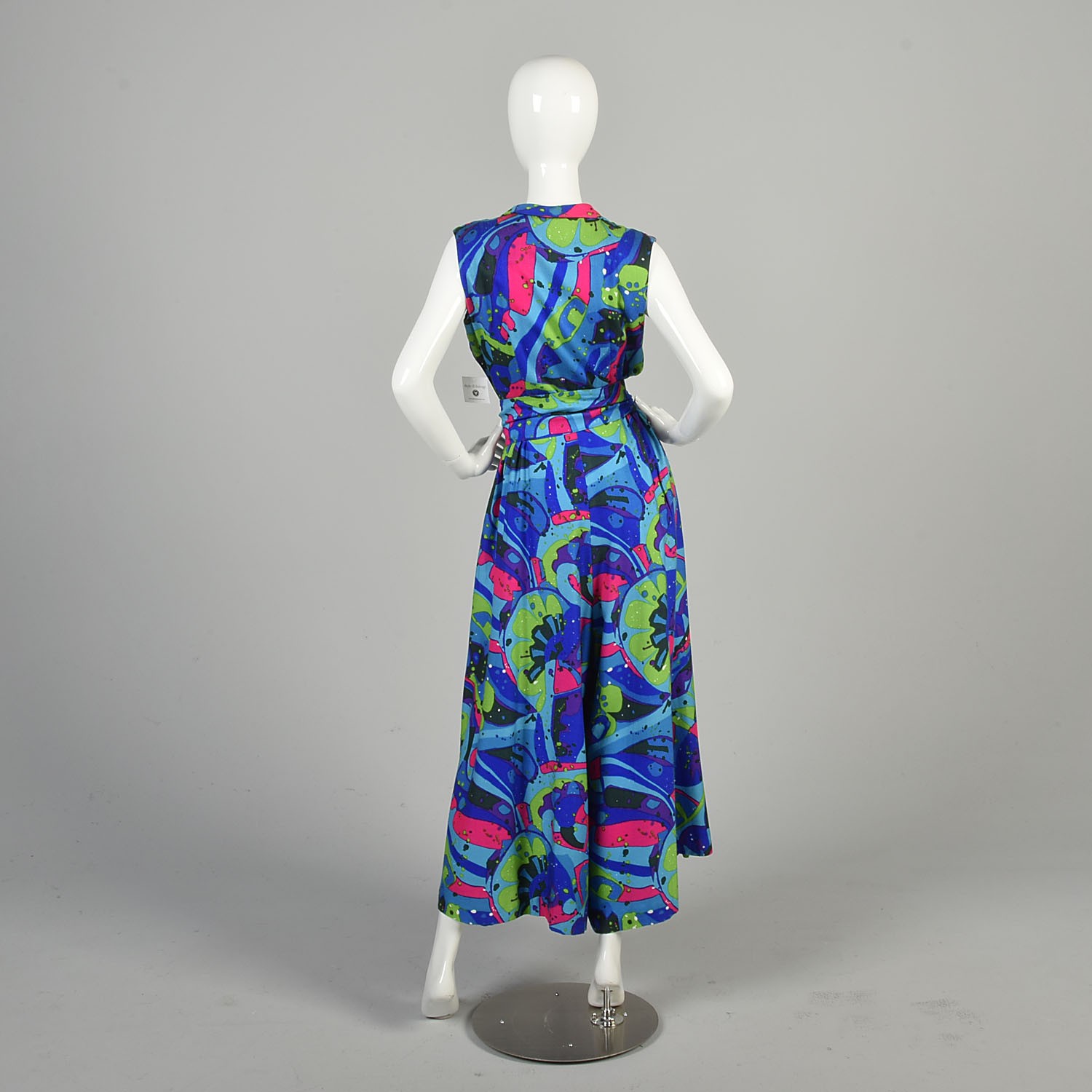 Small 1970s Jumpsuit Hawaiian Abstract Neon Wide Leg Belted Sleeveless Jumpsuit