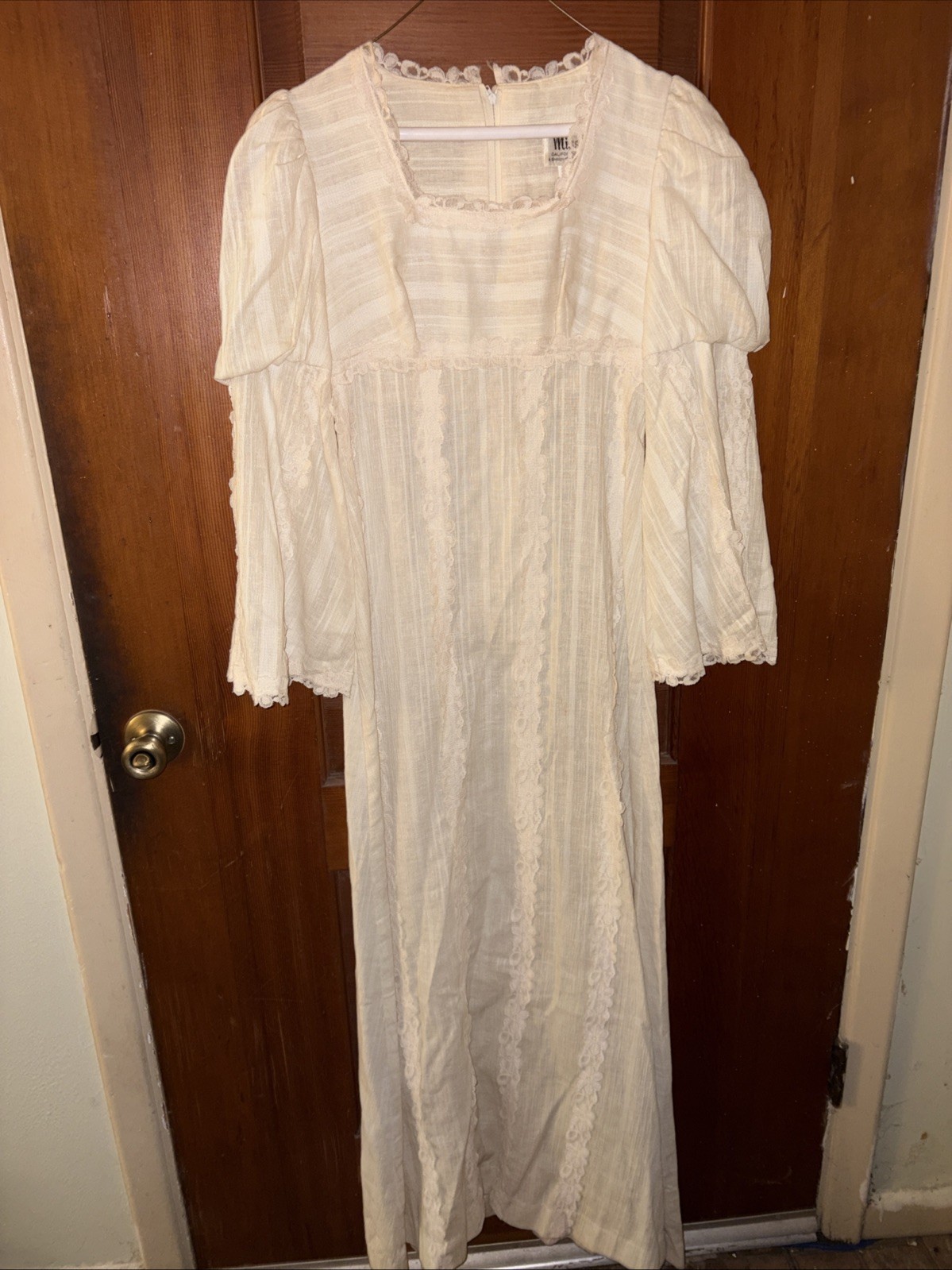 Vintage 60/70s Alfred Shaheen Miss K Sz 5-6 Maxi BoHo Wedding Dress Lace Trim