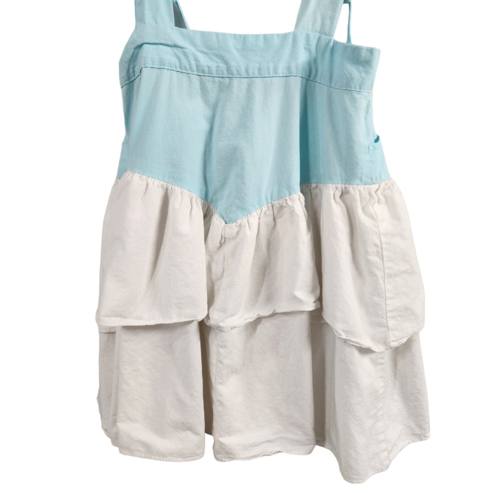 Vintage 70s Turquoise White Cotton Overall Pinafore Dress Size 5/6 *See Descript