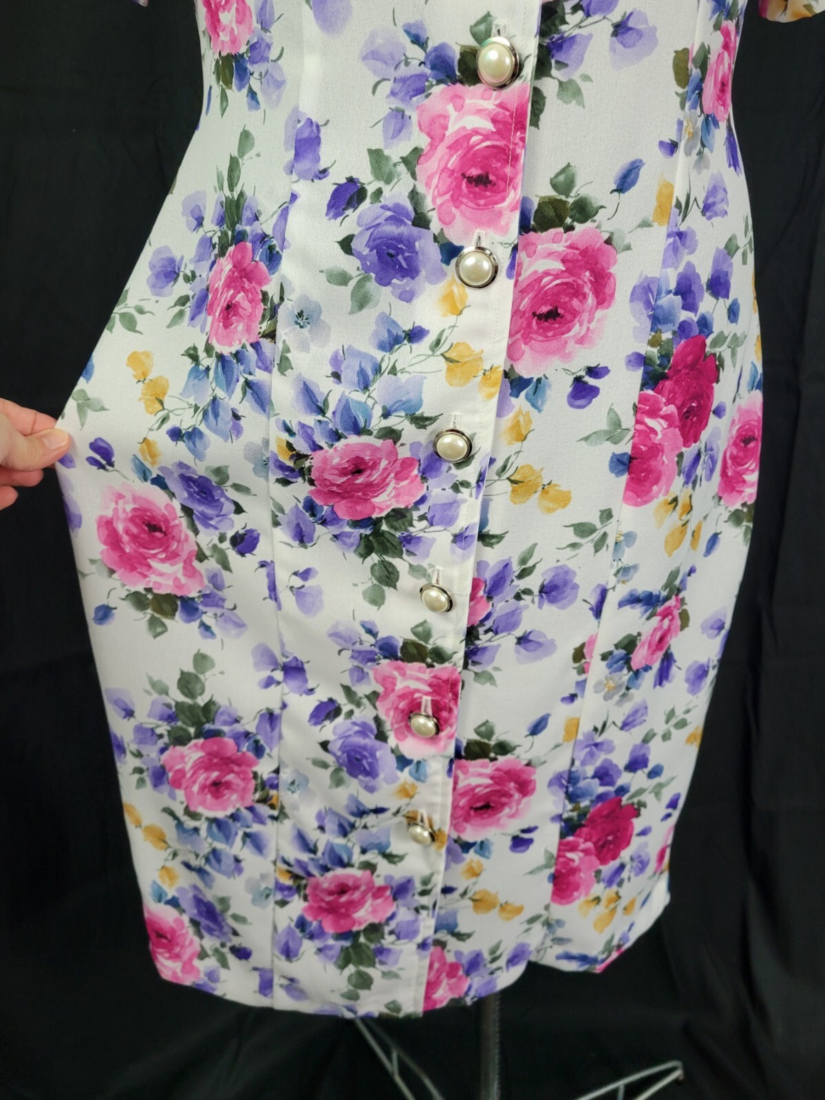 Vtg Caroline Wells White Floral Princess Seamed Shift Dress w Buttons Size 14