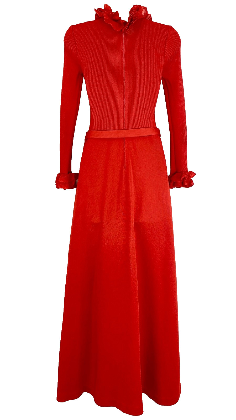 Vintage 1970s red ruffle maxi dress long sleeve flounce A-line Victorian style