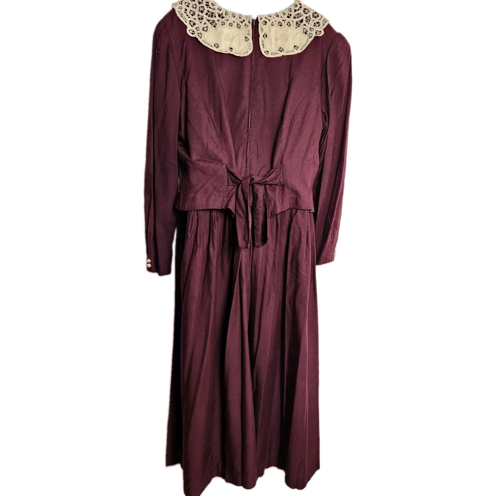 Vintage Plaza South Plus 20W Burgundy Prairie Midi Dress Lace Collar Cottagecore