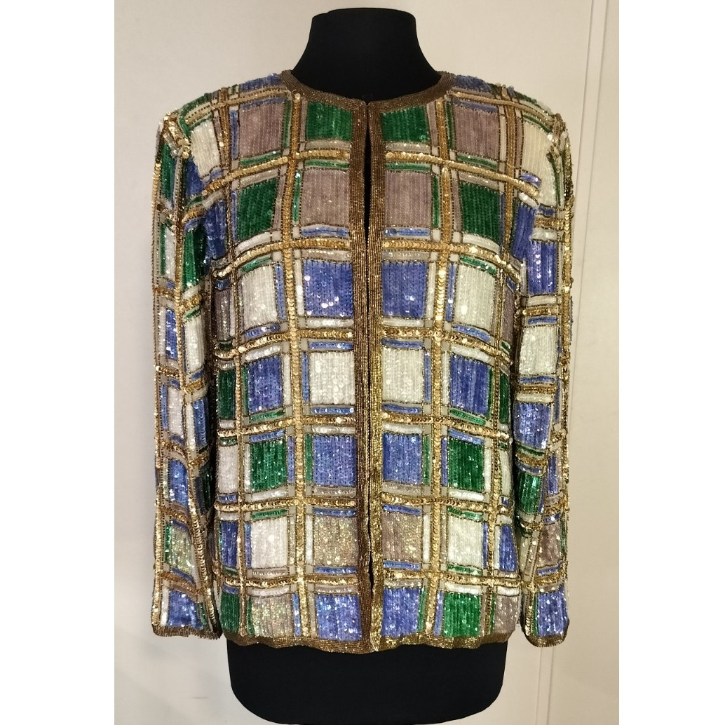 Laurence Kazar Multicolor Sequin Silk Evening Jacket Gold Green Blue Size L