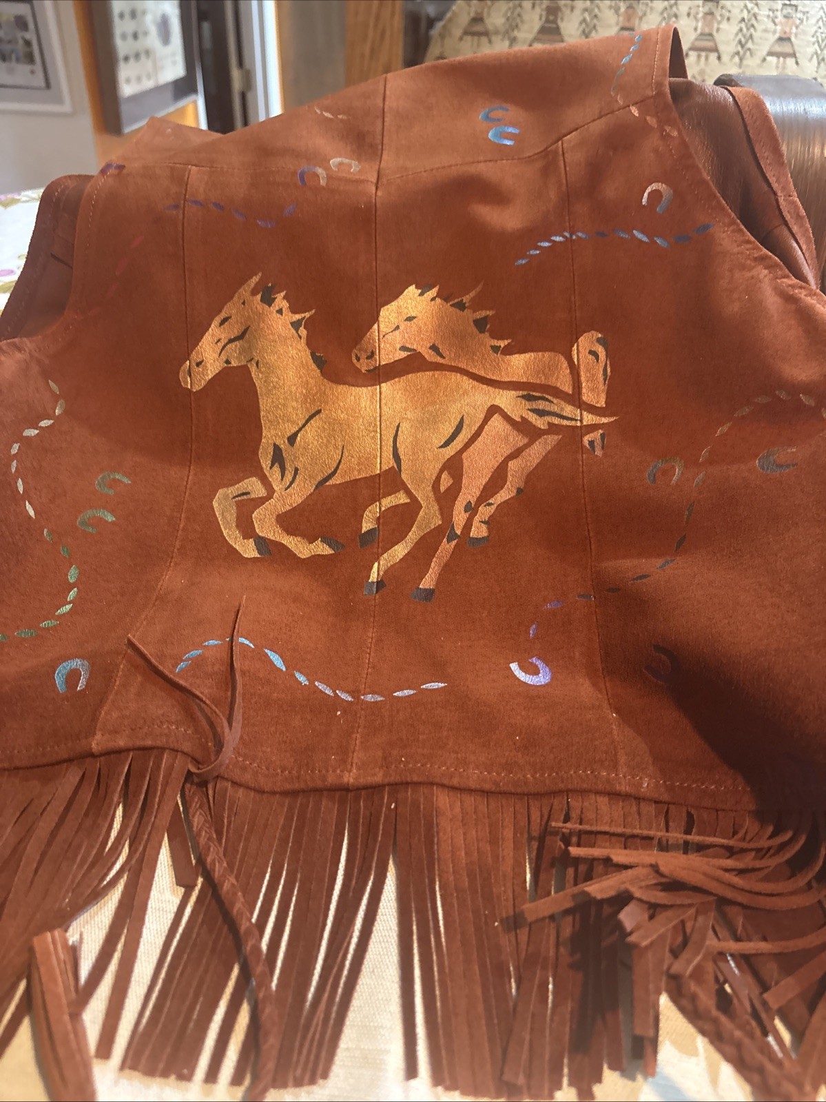 Char Leather Fringe Hand Painted Vest Size XS Santa Fe