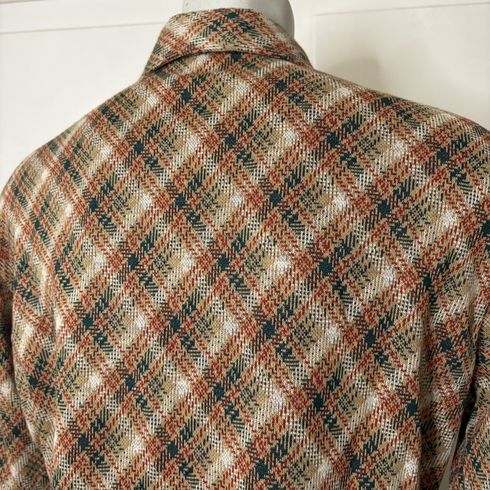 Vintage 70s Tan Red Green Plaid Double Knit Polyester Collared Button Up Shirt