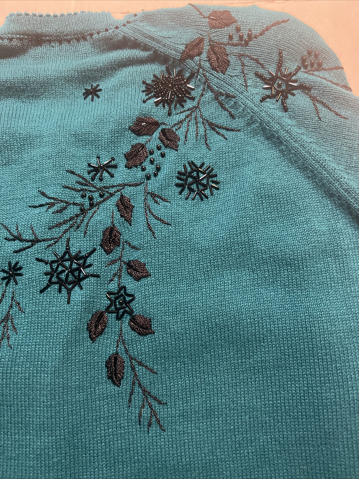 Vintage Teal Blue Beaded Button Down Cardigan Sweater Stitches In Time Size 1X