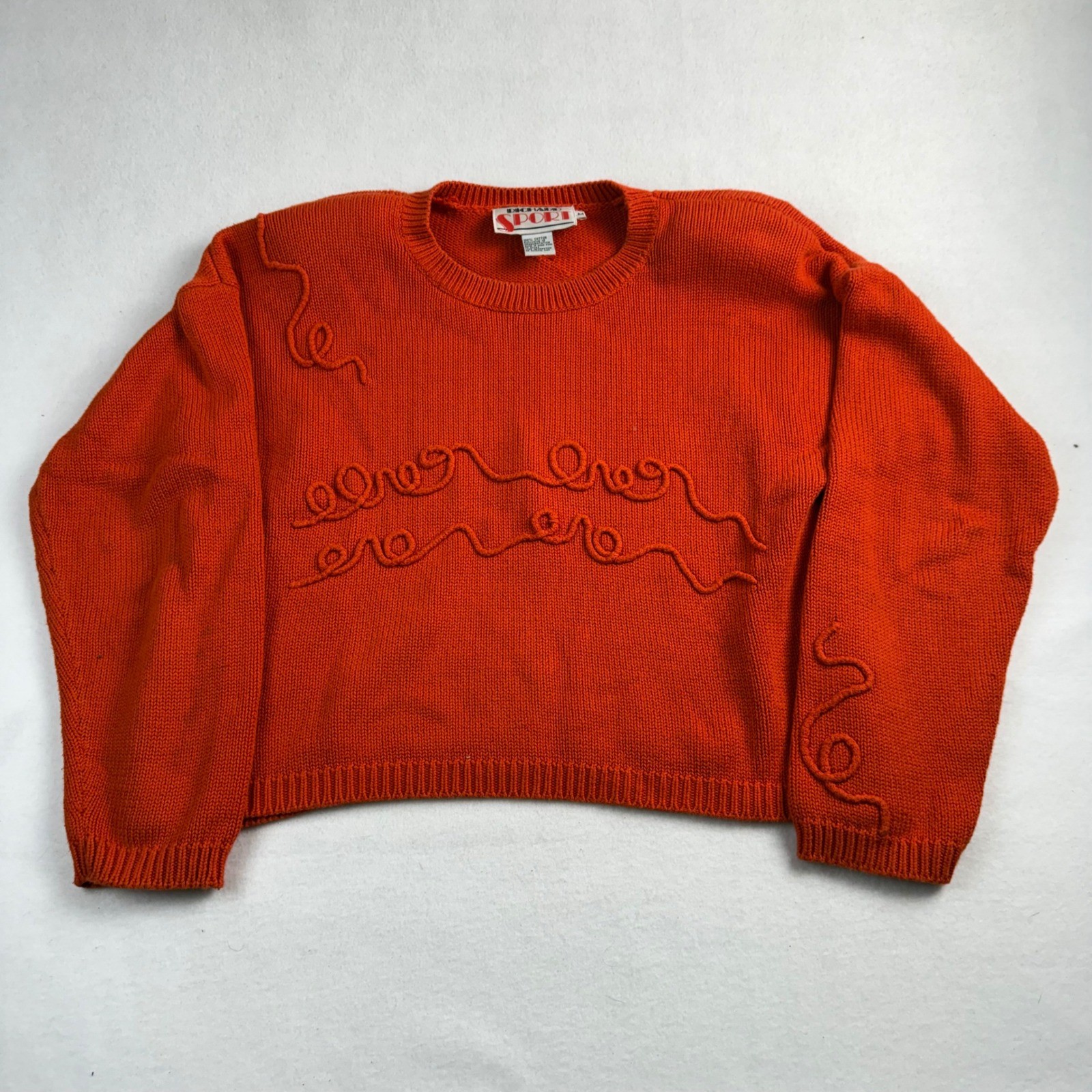 Richard Sport Vintage Orange Cotton Knit Sweater Raised Swirl Embroidery Medium