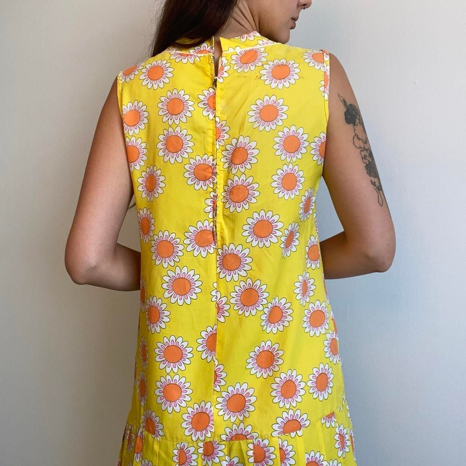 1960s rayon acetate yellow floral mod go-go dress