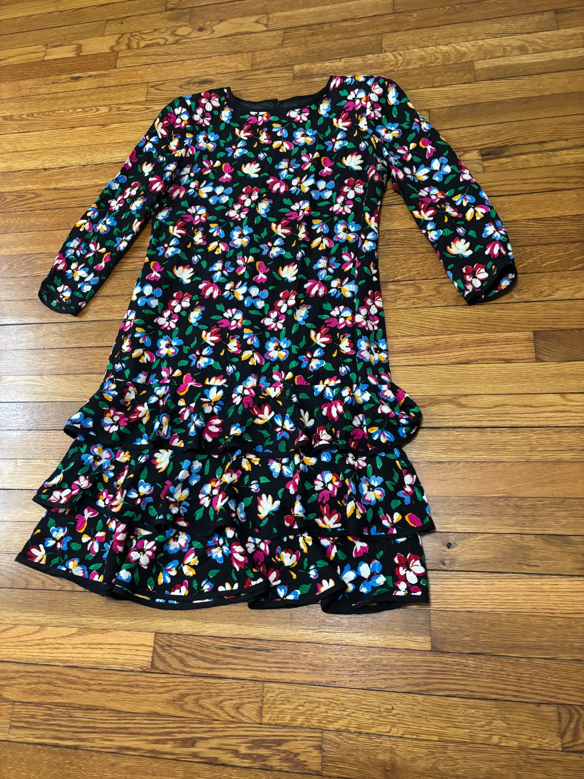 Vintage Richard Warren Womens 100% Silk Dress Sz 16 Black Floral Layered Ruffle