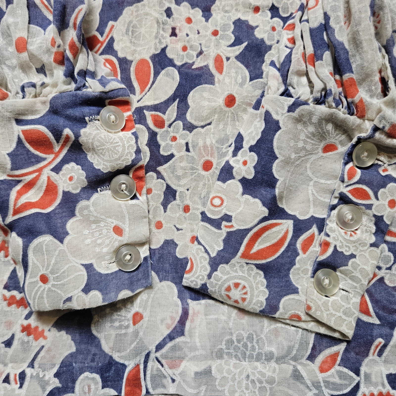 VTG 1960s Hand Made Red White Blue Floral Sheer Button Up Blouse Dagger Collar
