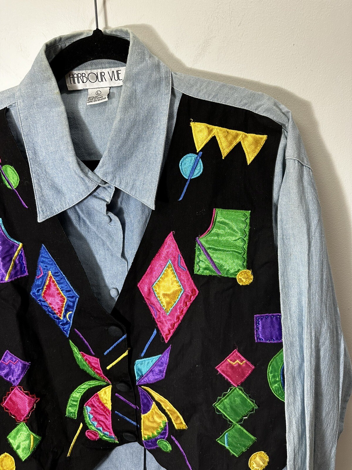 Funky 80s Vested Denim Shirt Large Harbour View Costume