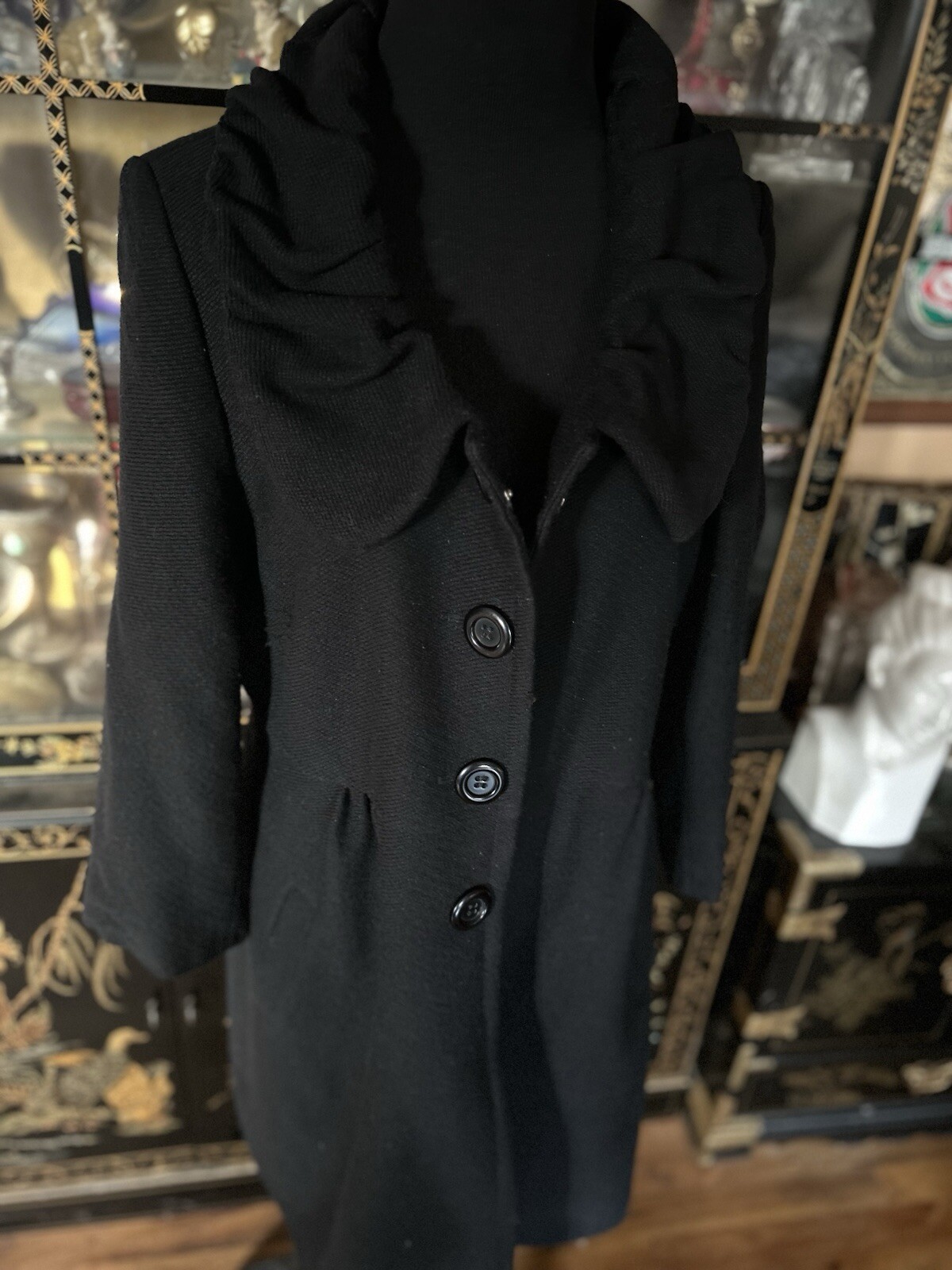 Y2K Victorian Style Black Wool Coat Ruffle Collar Dark Romantic Gothic Eu Sz 48