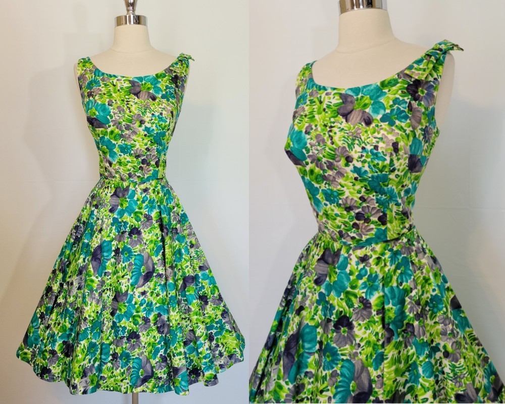 1950s JAY HERBERT Floral Fit Flare Cotton Dress Size Small