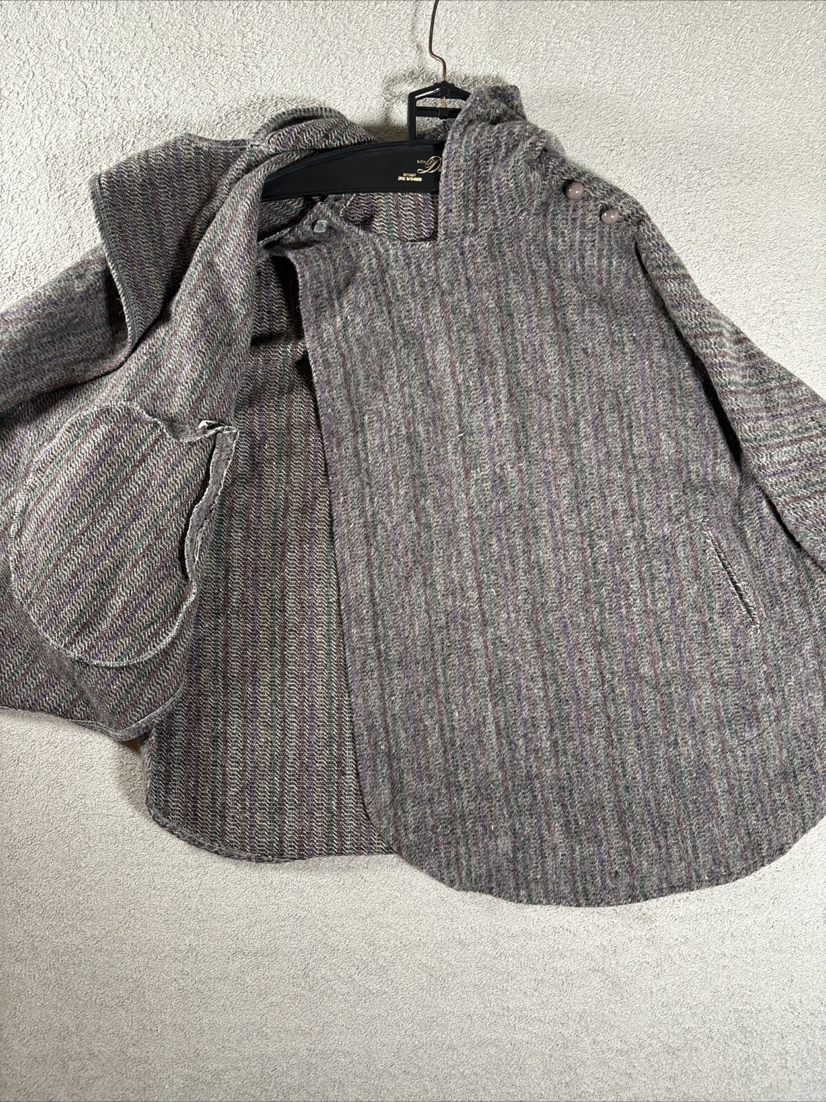Vintage Claude Danielle Tweed Hooded Poncho Cape Grey Purple Red Women L-XXL