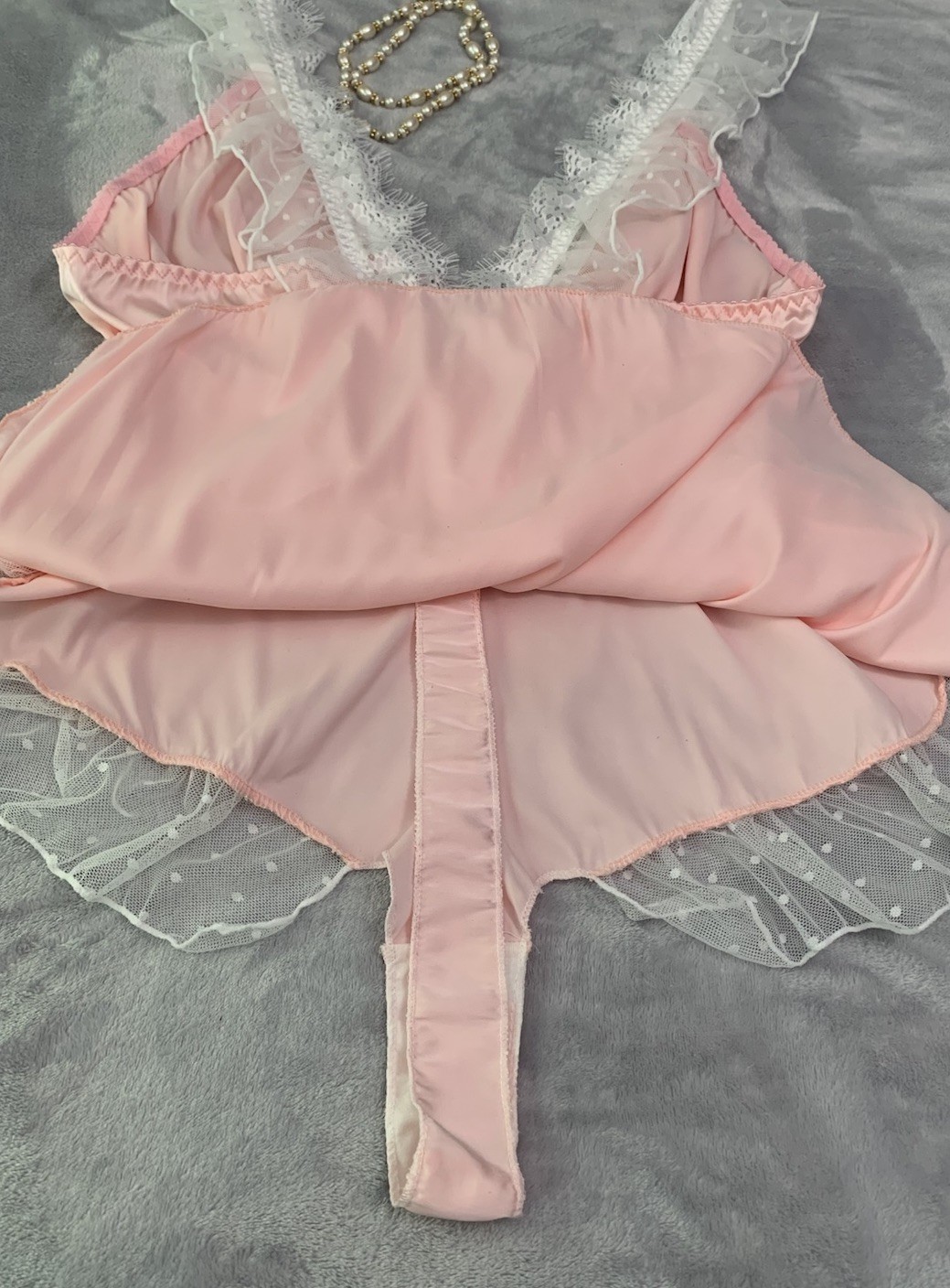 NEW GloSSy Satin Romper Bodysuit Teddy 2X Frilly SOFT Pink Polkadot Fairycore